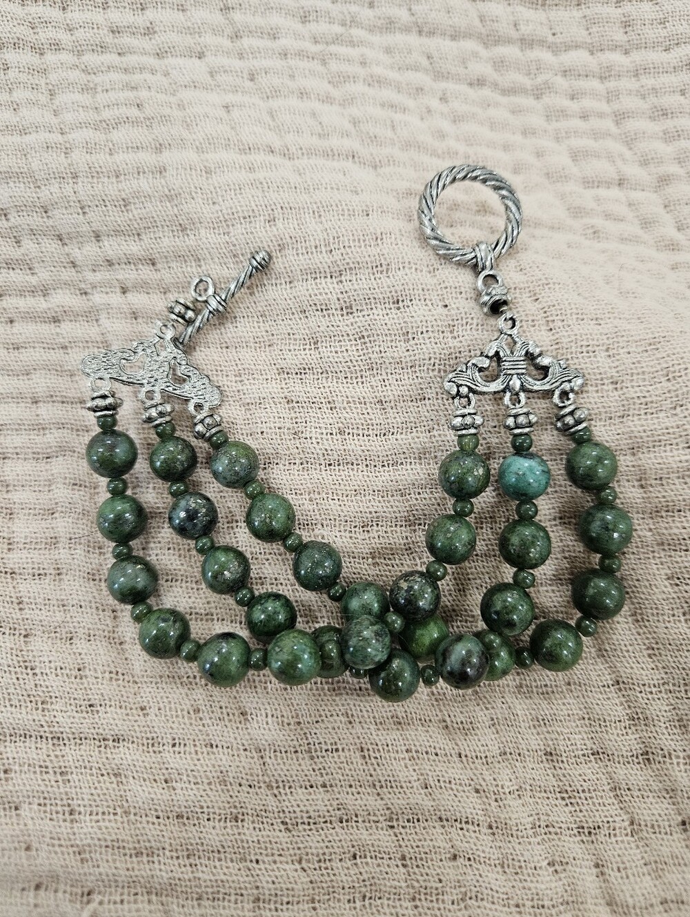 Green Multi-Strand Beaded Bracelet with Silver Accents
